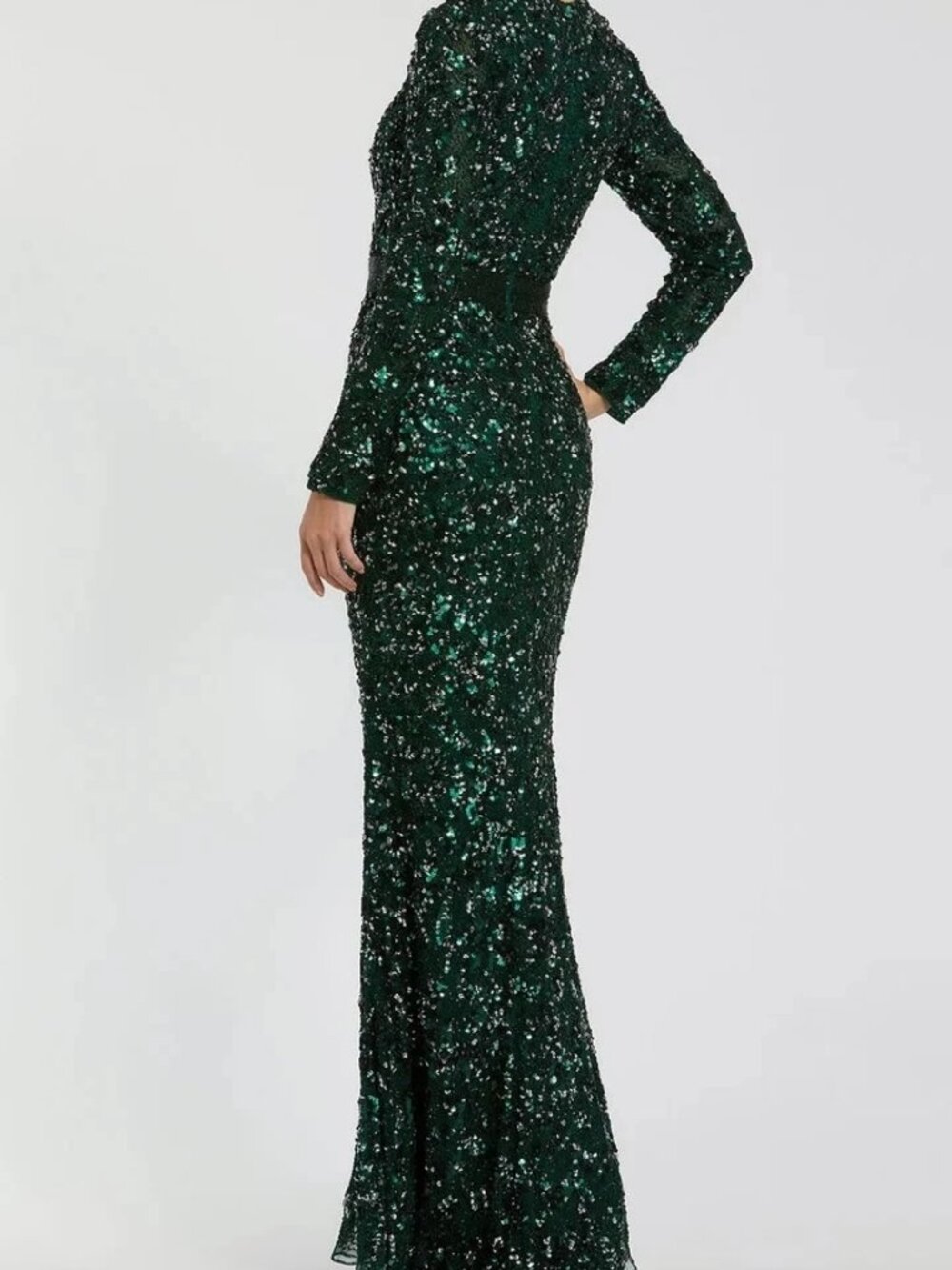 Mac Duggal Forest Green Sequin Beaded Empire Waist Long Sleeve Gown - Picture 2 of 3
